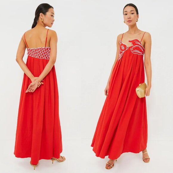 Farm Rio Koi Maxi Dress‎ Red Fish Top Linen Size XL NWT - Picture 2 of 16